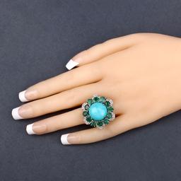 Turquoise Dome Ring with Emerald and Diamond Frame