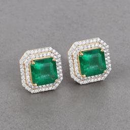 Zambian Emerald & Tiered-Diamond Halo Earrings IGI