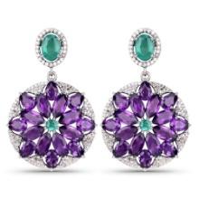 Amethyst, Emerald, Diamond Hanging Floral Earrings