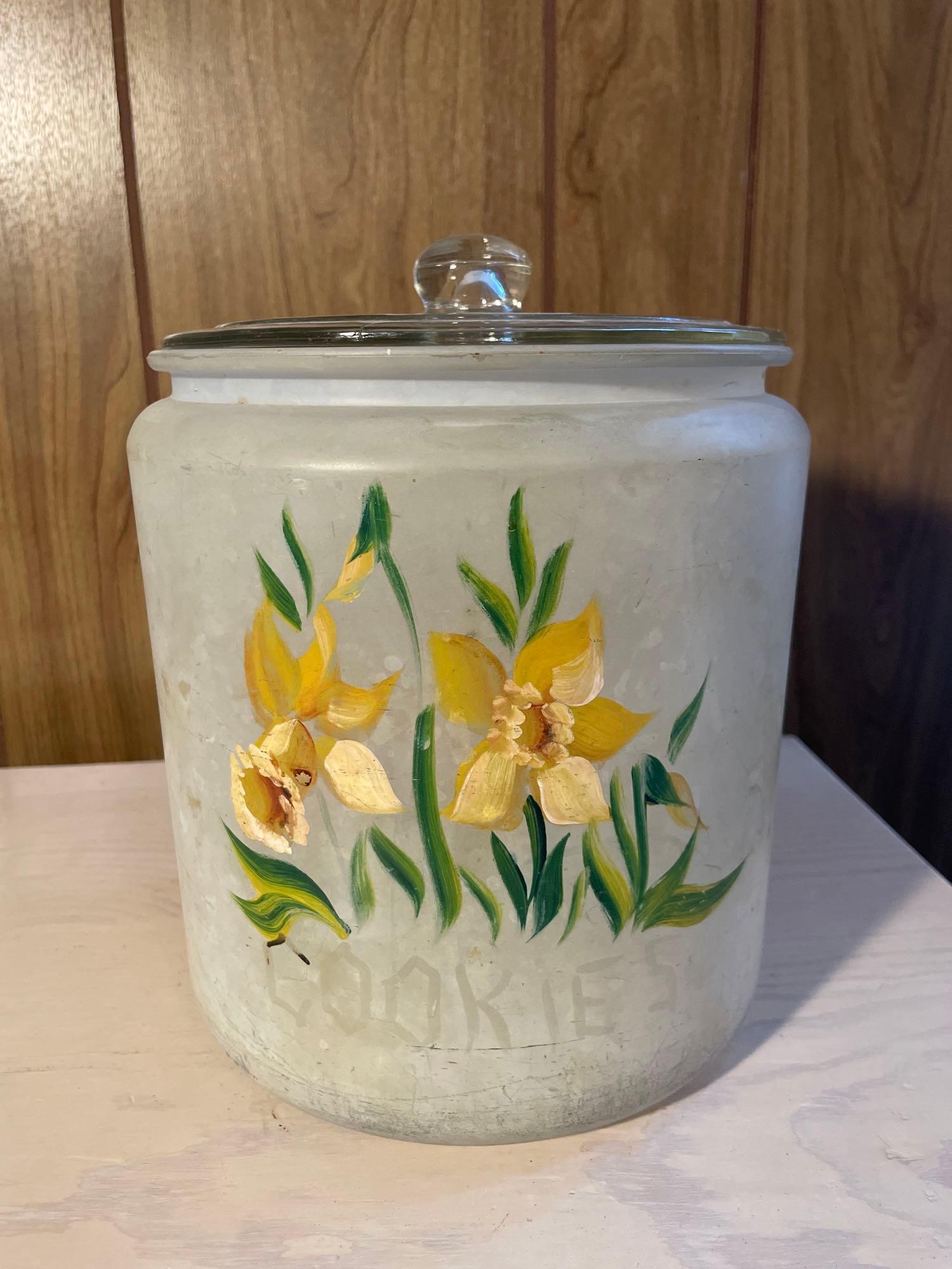 Vintage Hand Painted Frosted Satin Cookie Jar