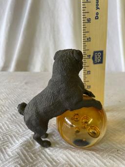 Cast Iron Pug Amber Glass Ball Paperweight