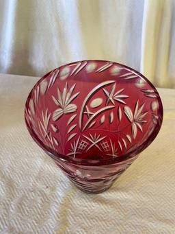 Vintage Etched Cranberry Glass Vase