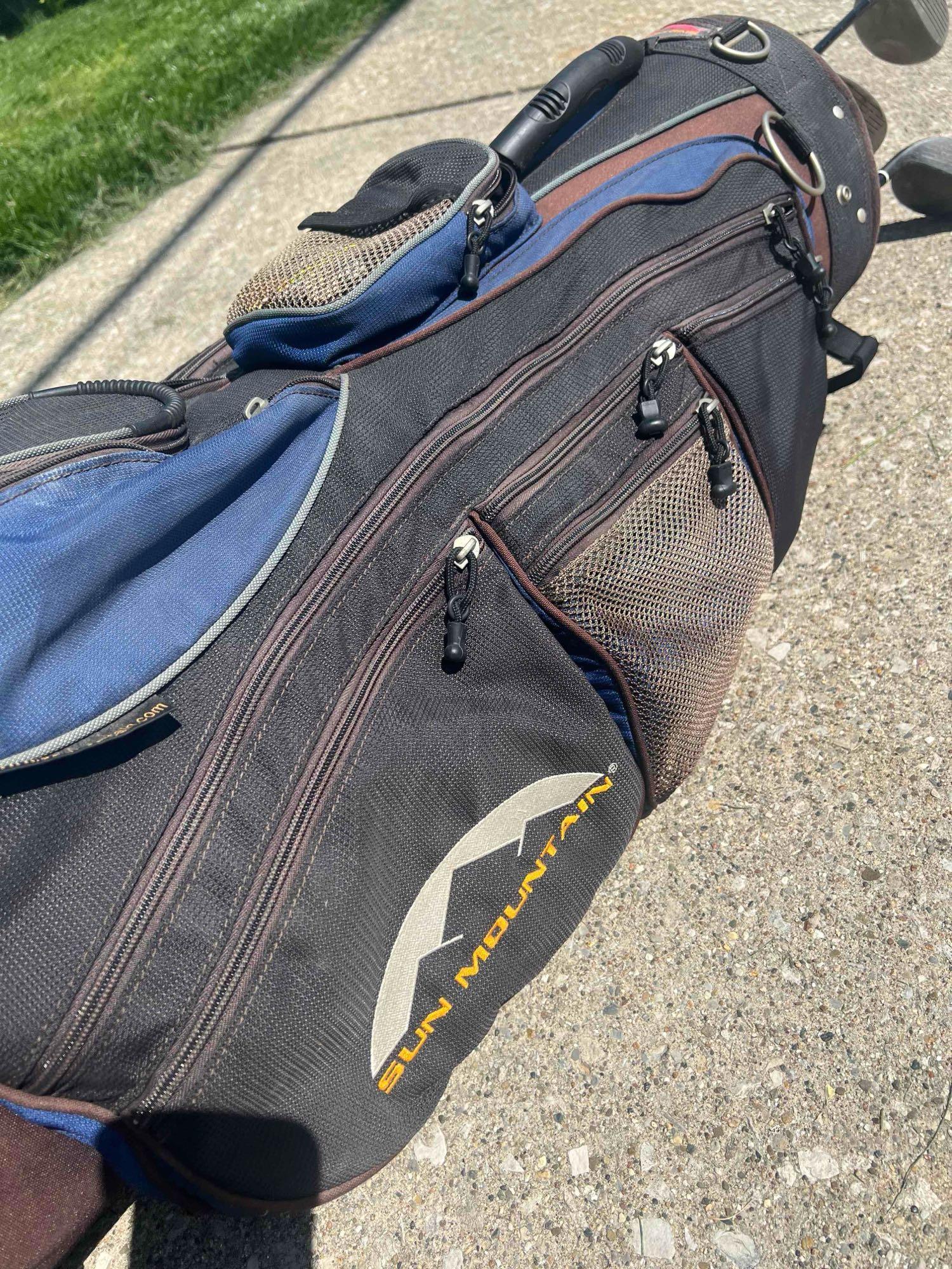 Sun Mountain golf bag with some clubs