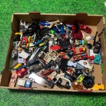 large flat of vintage hot wheels, gi joe parts and toy accessories