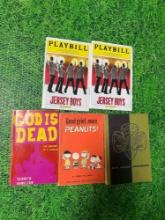 jersey boys play bill, vintage girl scout book, peanuts books, and god is dead book