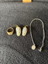 Gold Tone Ring With Sterling Silver Pendant & Earrings