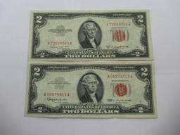 Lot of Two United States Red Seal Two Dollar Bills