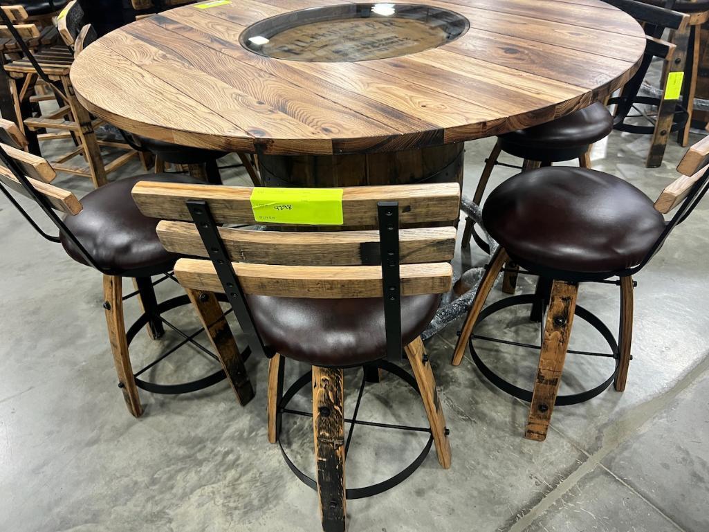 BARREL PUB TABLE W 6 BAR CHAIRS 56 IN ROUND