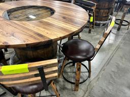 BARREL PUB TABLE W 6 BAR CHAIRS 56 IN ROUND