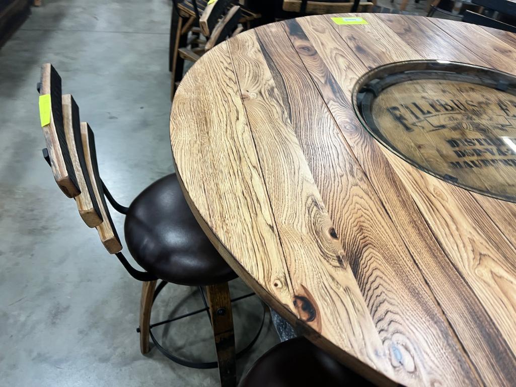 BARREL PUB TABLE W 6 BAR CHAIRS 56 IN ROUND