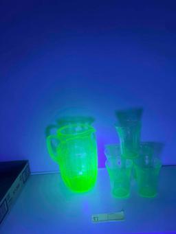 Uranium Glass Pitcher & 5 cups