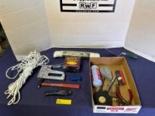 Stapler, Ballpean Hammer, Chalk Line, tape, rope & more