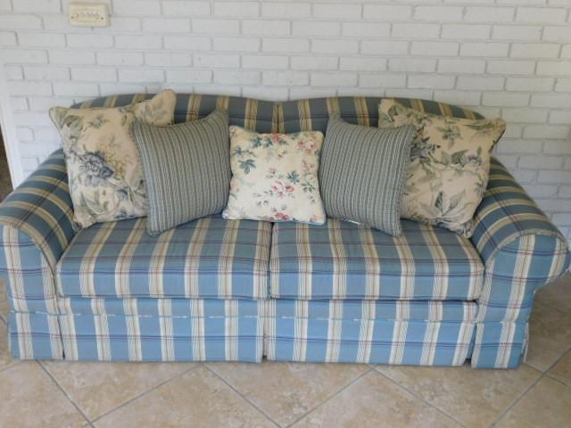 Blue Plaid Sofa w/Throw Pillows