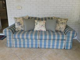 Blue Plaid Sofa w/Throw Pillows