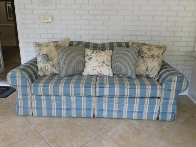 Blue Plaid Sofa w/Throw Pillows