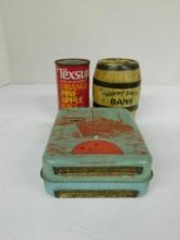 Three Tin Banks, Ship 5 1/4" T x 4" W, Texsun Juice Can 4" T X 2" Dia., Happy Days 4" T x 3 " W