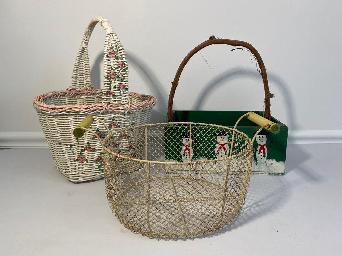 Wire, White Wicker and Christmas Box Type Basket