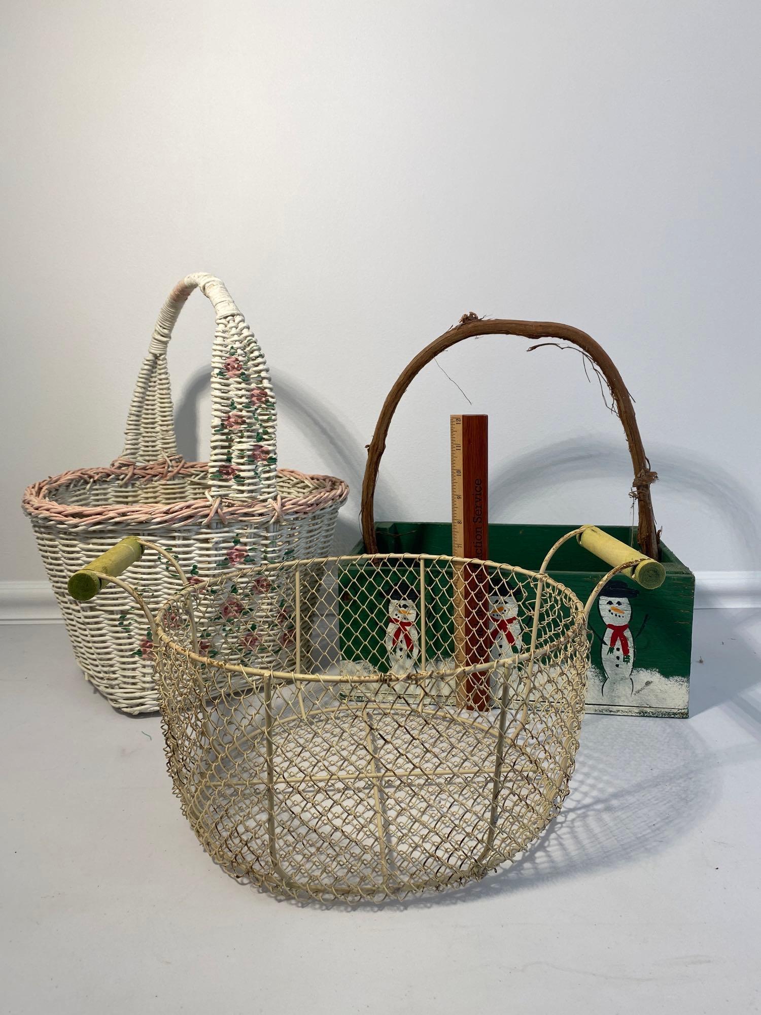 Wire, White Wicker and Christmas Box Type Basket