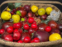 Basket of Artificial Fruit- Cherries, Apples, Plumbs