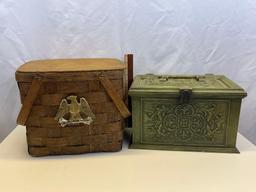 Picnic Basket with Swing Handles, Lid and Eagle Emblem and Green Plastic Lidded Box