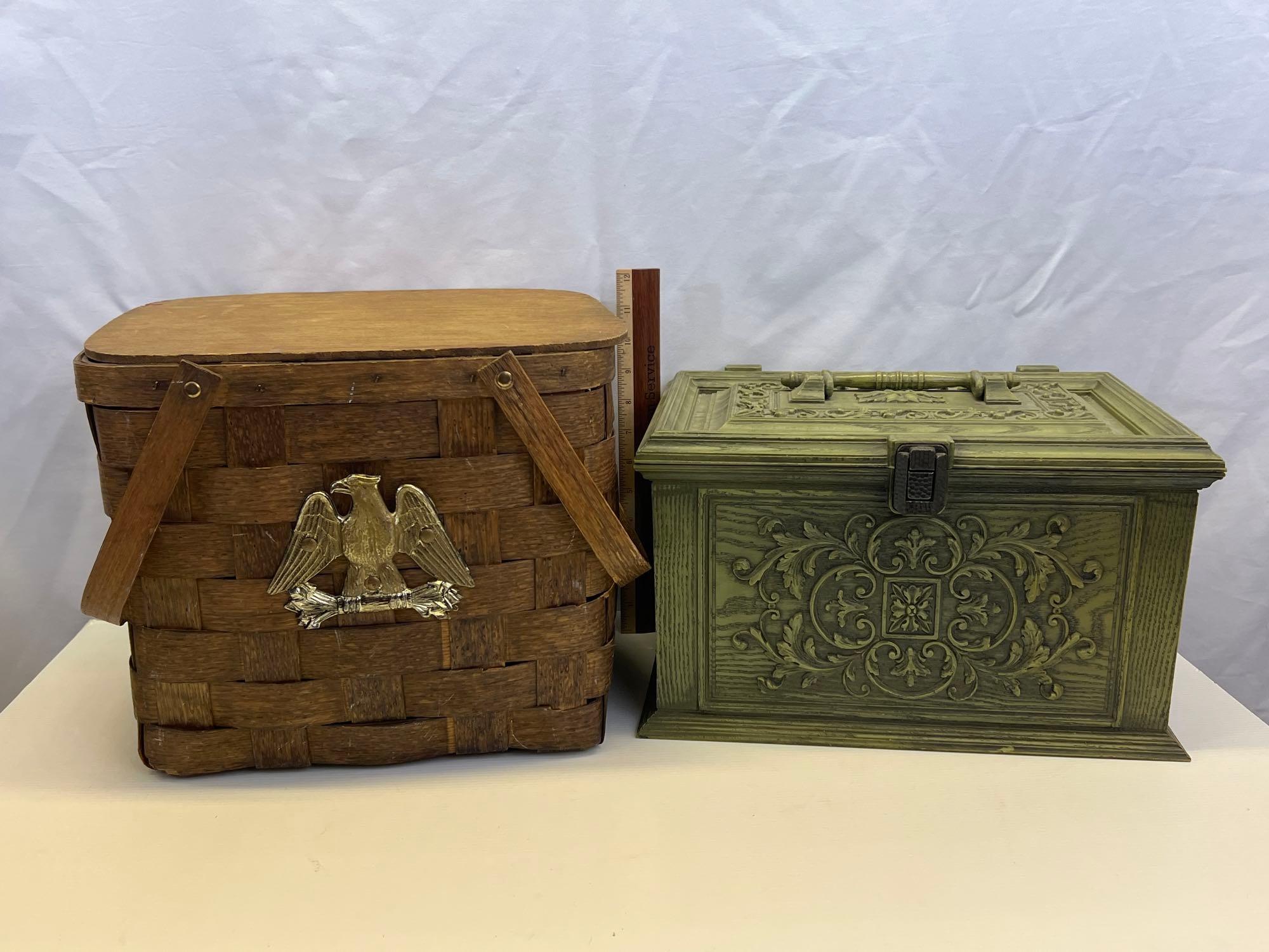 Picnic Basket with Swing Handles, Lid and Eagle Emblem and Green Plastic Lidded Box