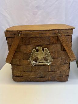Picnic Basket with Swing Handles, Lid and Eagle Emblem and Green Plastic Lidded Box