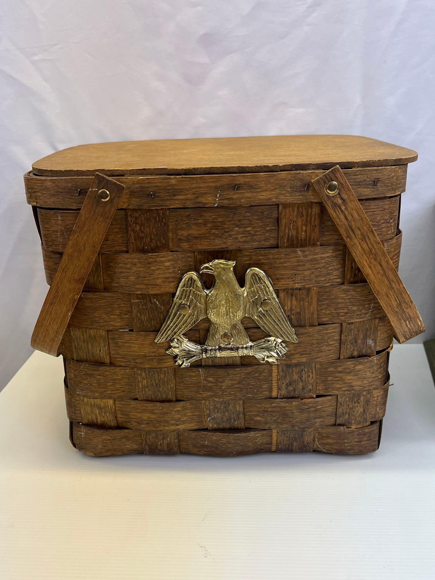 Picnic Basket with Swing Handles, Lid and Eagle Emblem and Green Plastic Lidded Box