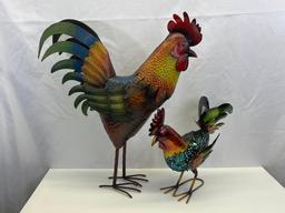 2 Metal Rooster Sculptures- One Large, One Small