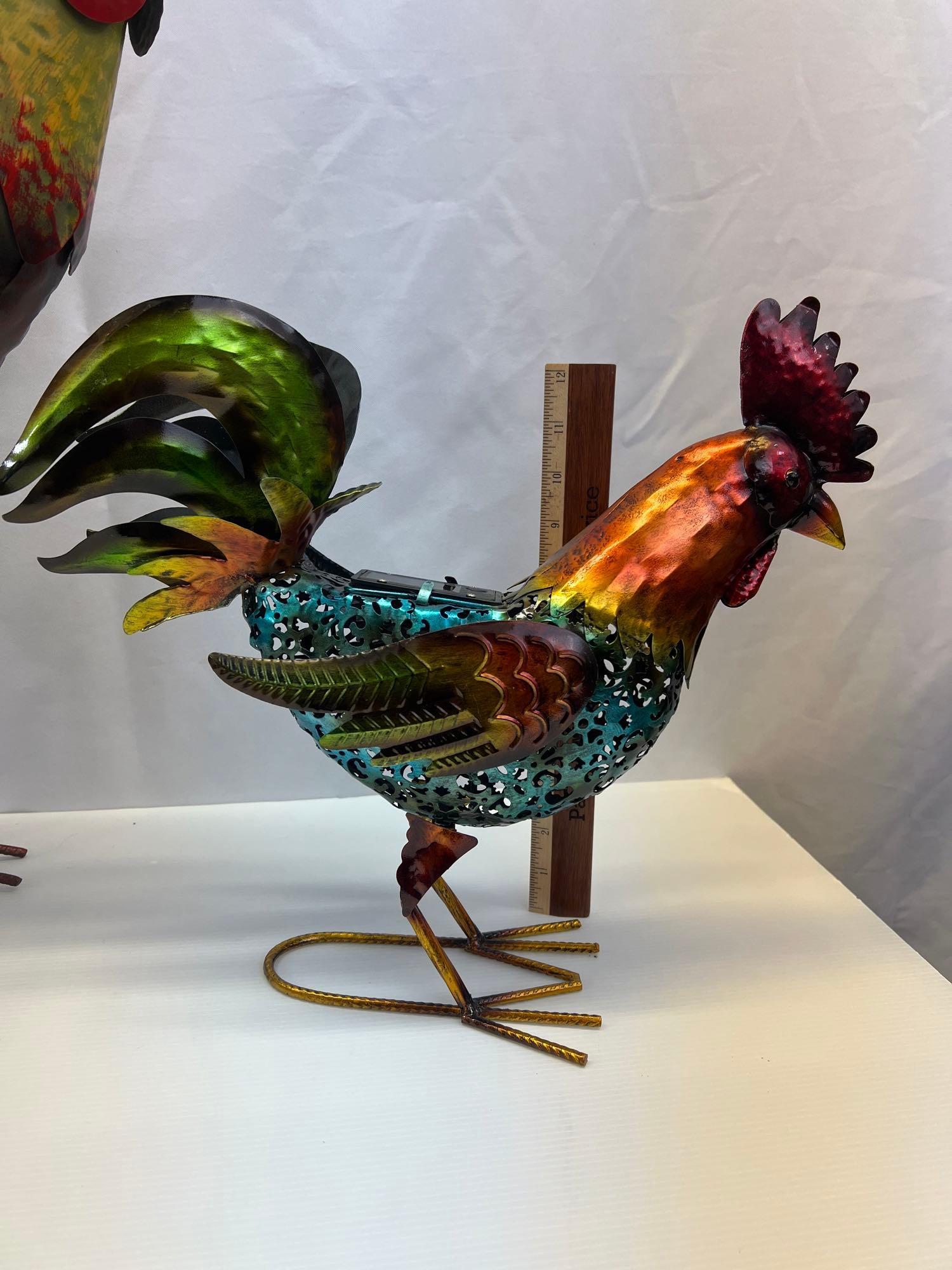 2 Metal Rooster Sculptures- One Large, One Small