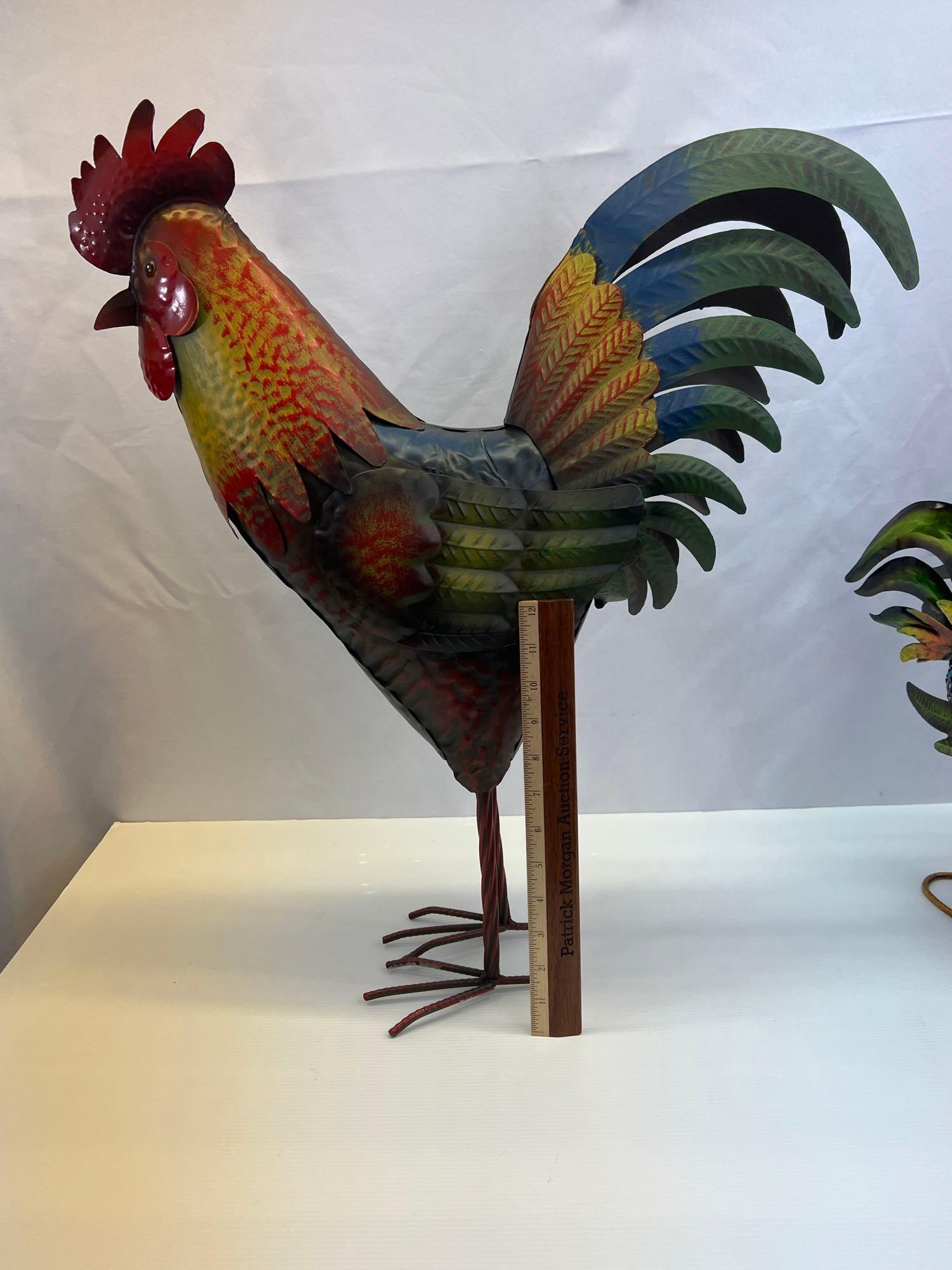 2 Metal Rooster Sculptures- One Large, One Small