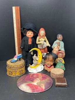 Figures, Amish Doll, Lidded Box, 2 Wooden Stands and Plaque with Woman