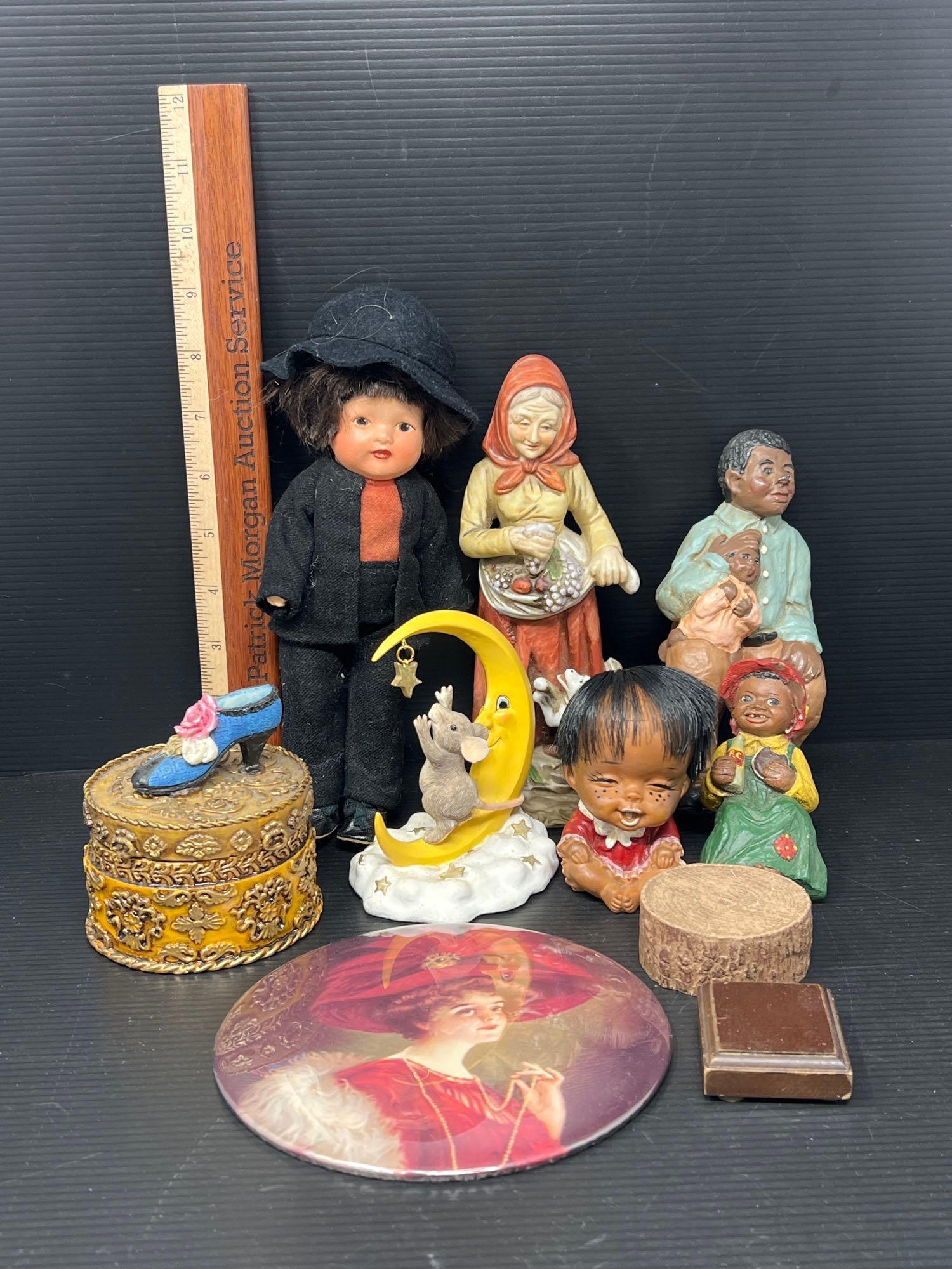 Figures, Amish Doll, Lidded Box, 2 Wooden Stands and Plaque with Woman
