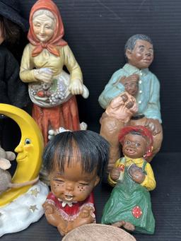 Figures, Amish Doll, Lidded Box, 2 Wooden Stands and Plaque with Woman