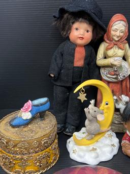 Figures, Amish Doll, Lidded Box, 2 Wooden Stands and Plaque with Woman