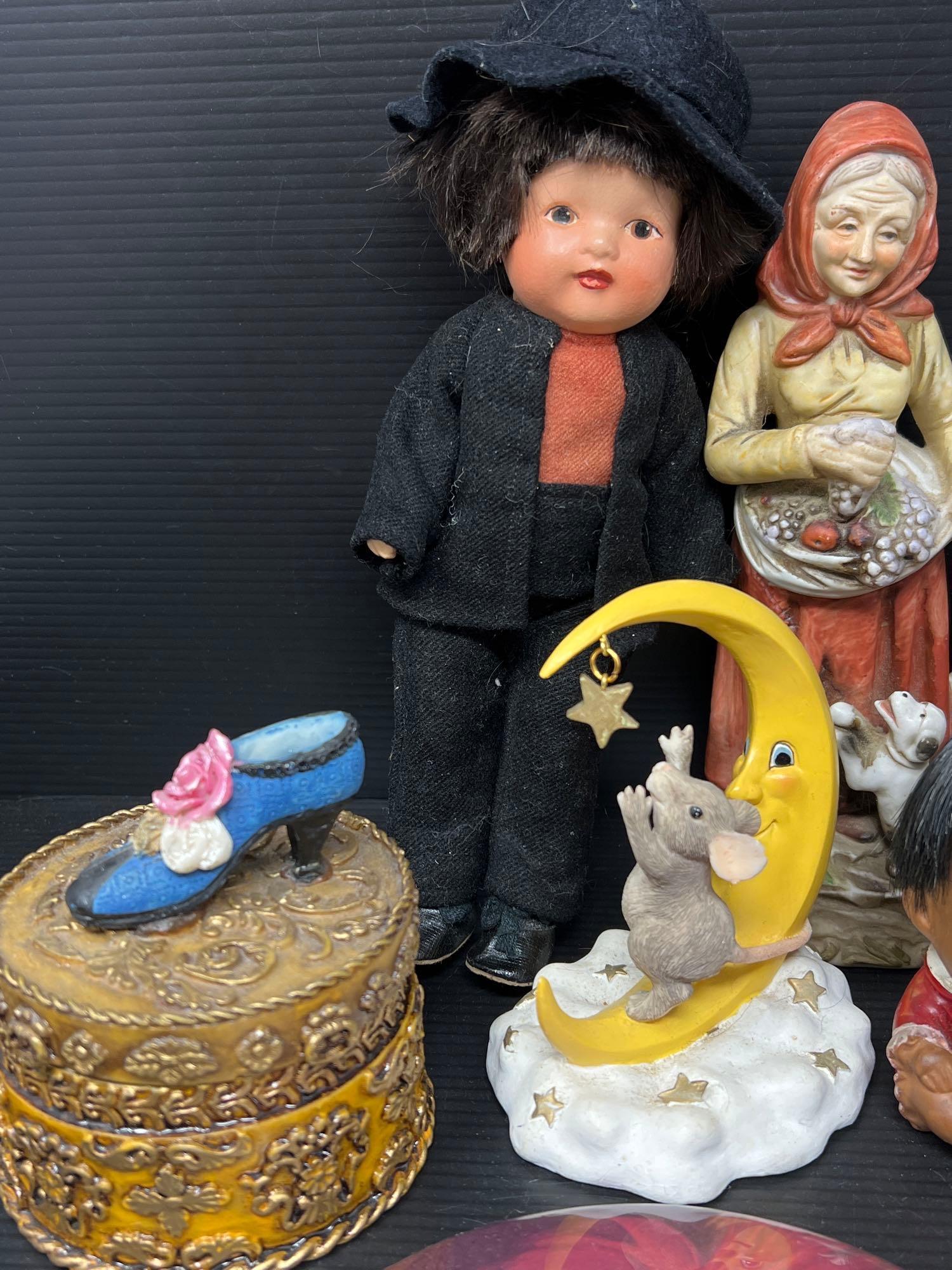 Figures, Amish Doll, Lidded Box, 2 Wooden Stands and Plaque with Woman