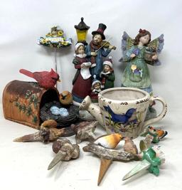 Knick Knacks Lot- Flower Pot Picks, Figures, Ceramic Watering Can