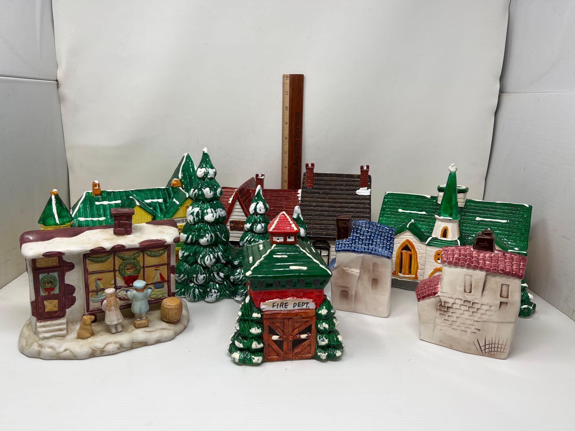 Ceramic Christmas Houses, Buildings, Fire Department, Store Window, Trees