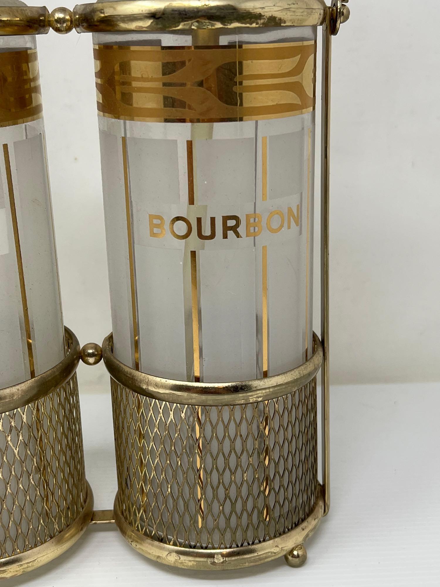 Bourbon & Scotch Dispensers in Gold Tone Holders, 1960's believed to be Fred Press