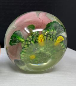 2 Art Glass Floral Paperweights