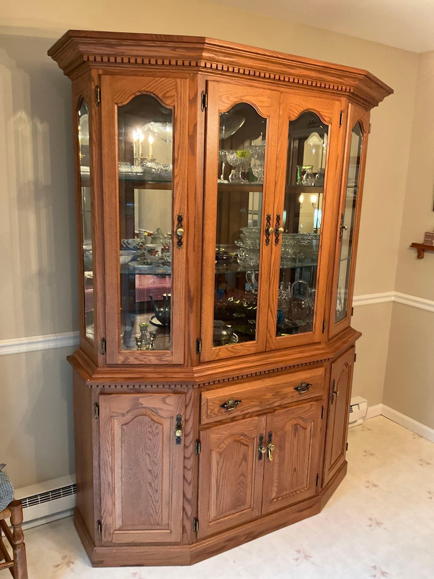 Oak China Cabinet with Glass Front & 3 Shelves, Lighted