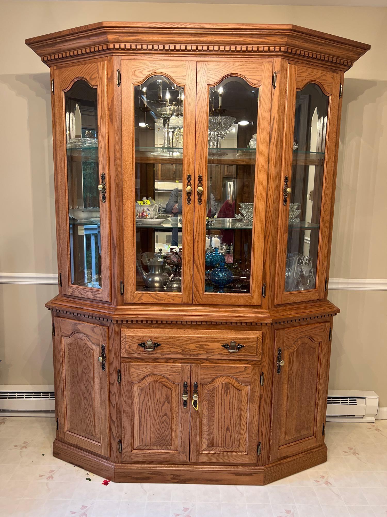 Oak China Cabinet with Glass Front & 3 Shelves, Lighted