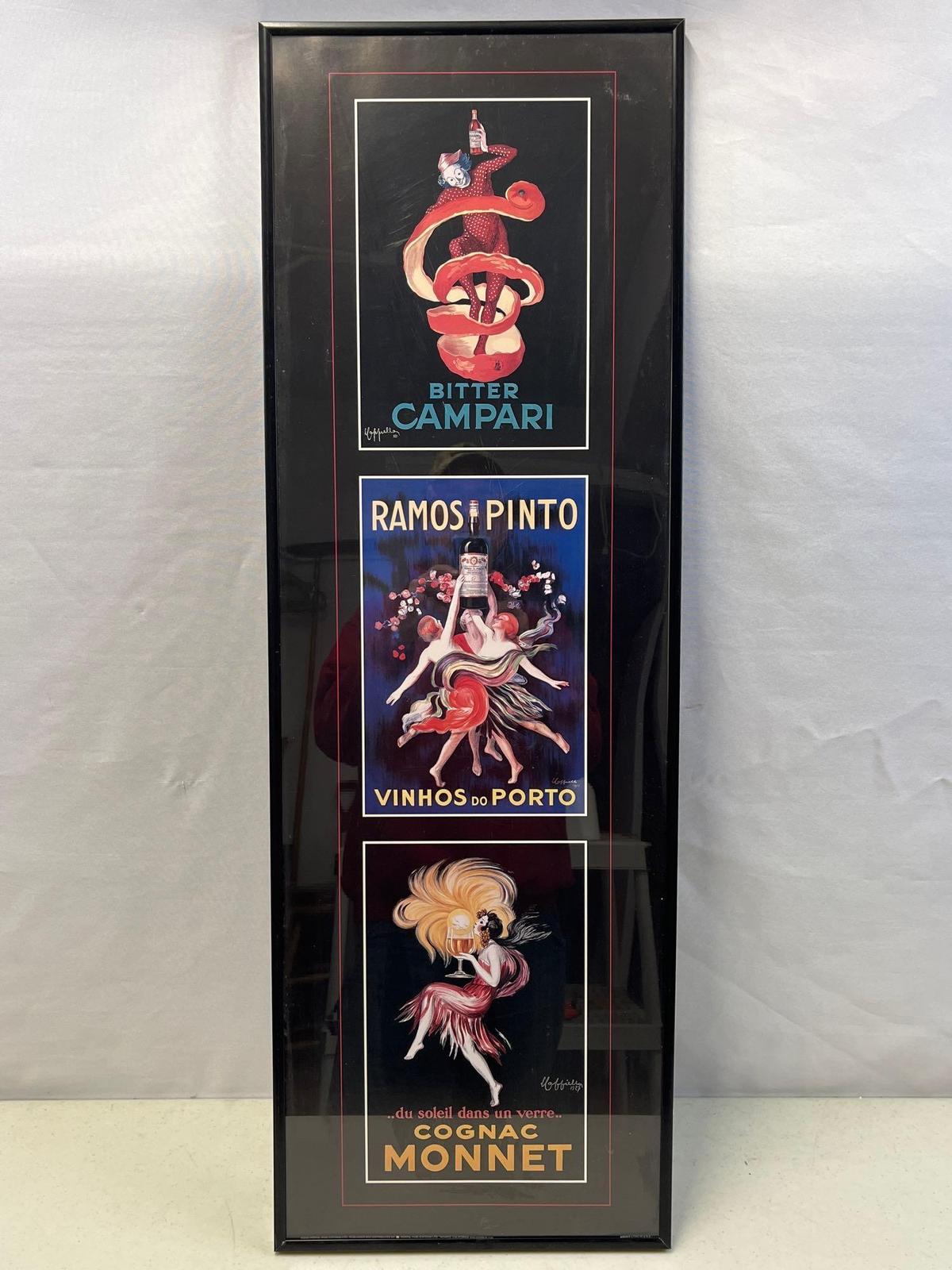 Framed Triptych of Capiello Liquer Posters- Bitter Campari, Vinhos do Porto and Cognac Monnet