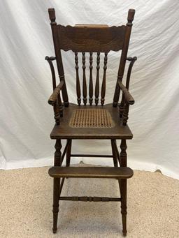 Antique Spindle Back Cane Seat High Chair with Wooden Tray