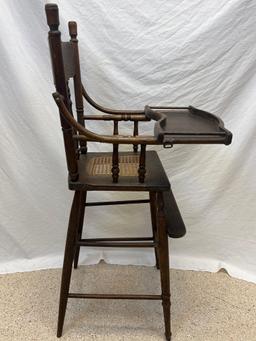 Antique Spindle Back Cane Seat High Chair with Wooden Tray