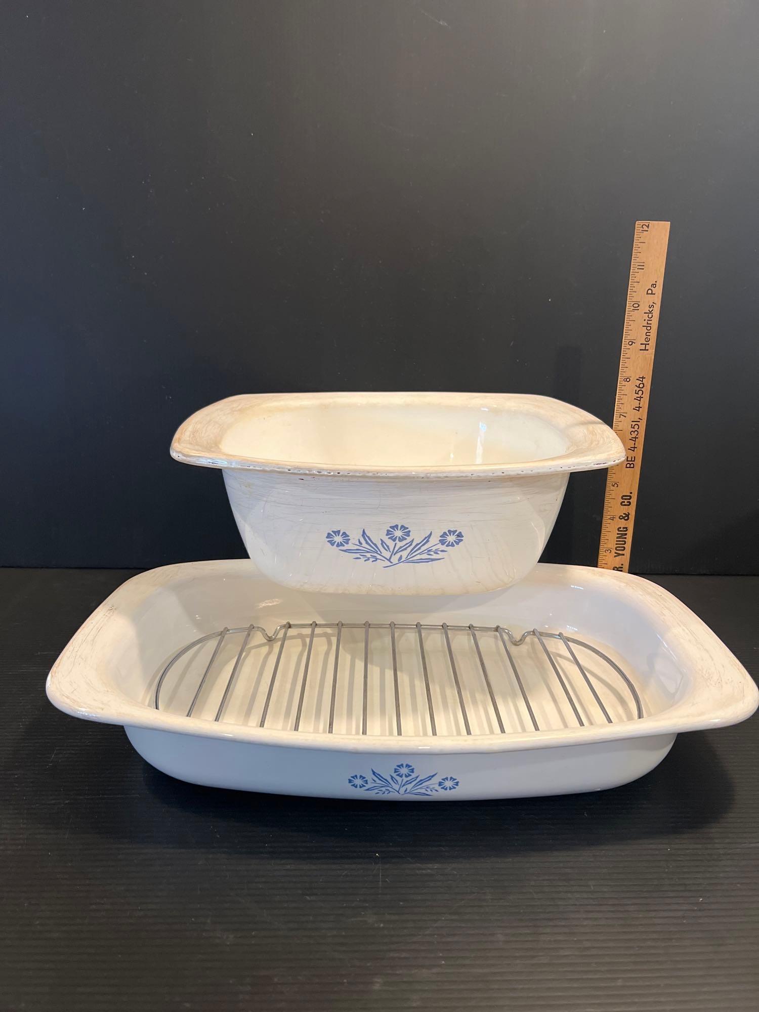 Corning Ware Roasting Pan with Wire Grate and Smaller Square Bowl
