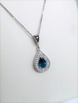 18KT WHITE GOLD 0.50CT SAPHIRE AND 0.15CTW DIAMOND PENDANT WITH CHAIN