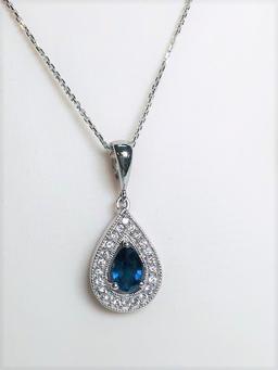 18KT WHITE GOLD 0.50CT SAPHIRE AND 0.15CTW DIAMOND PENDANT WITH CHAIN
