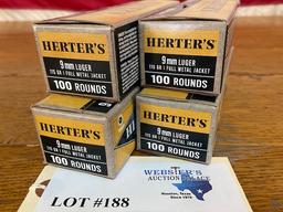 (4) BOXES HERTERS 9MM LUGER 155GR FMJ *400 ROUNDS