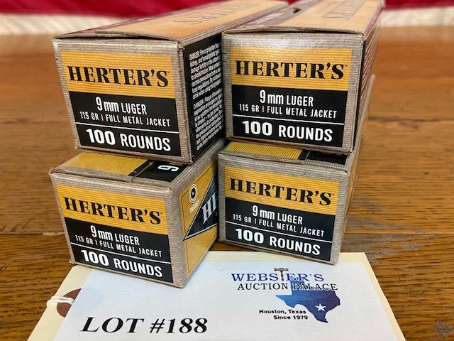 (4) BOXES HERTERS 9MM LUGER 155GR FMJ *400 ROUNDS