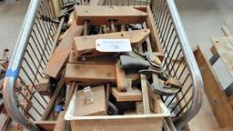 LOT OF WOOD CLAMPS IN CART AND WORK BENCH